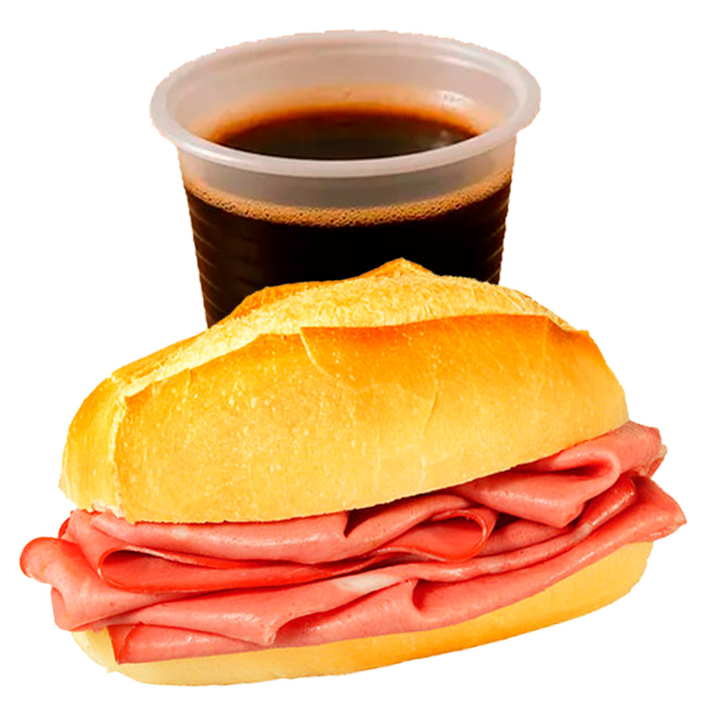1 pão francês com mortadela + 1 copo de café puro